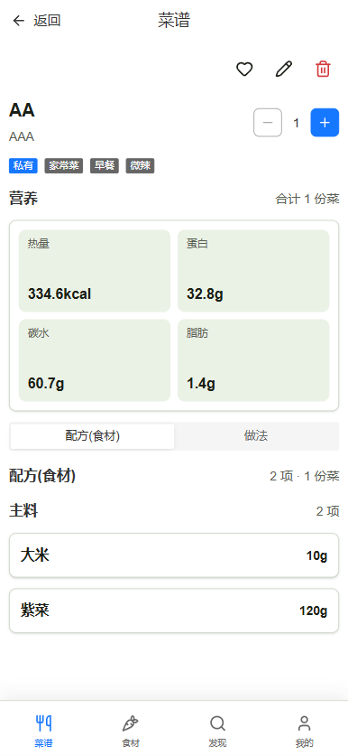 Meal4u 手机端菜谱详情，展示营养与食材用量